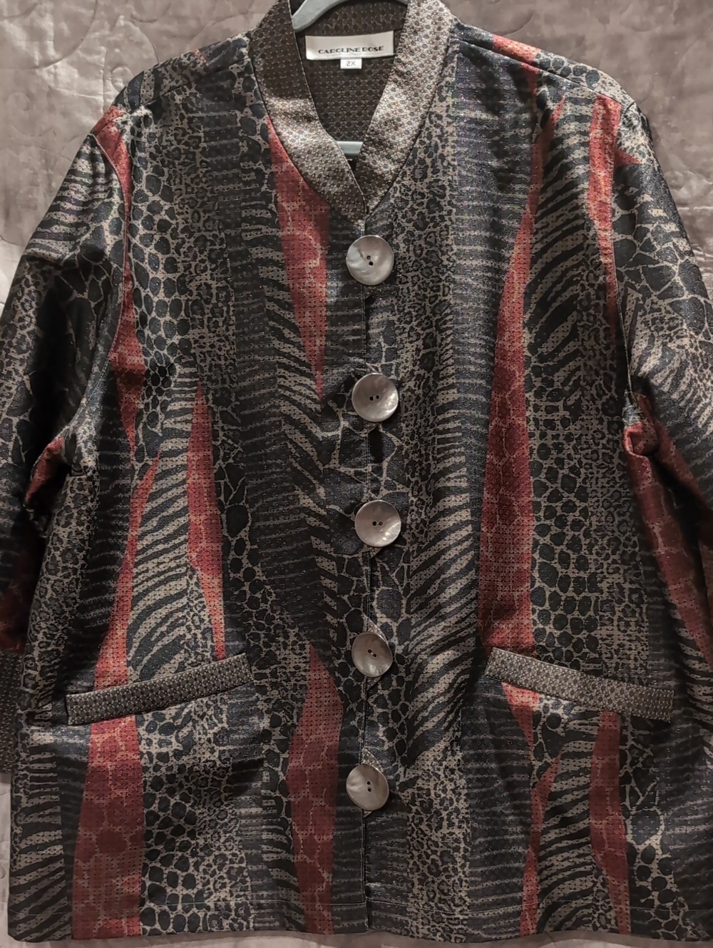 Caroline Rose Textured Black and Red Patterned Women's Jacket